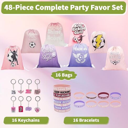Soccer Goodie Bags for Team, 16 Pack Party Favors Set with Drawstring Backpacks, Wristbands & Keychains, Youth Team Gifts for Birthday and End of Season, Pink for Girls in Saudi Arabia