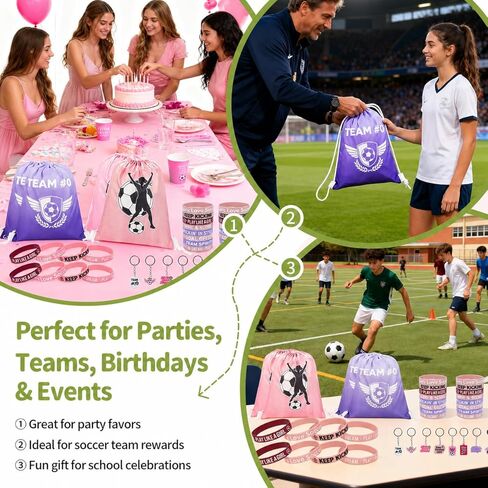 Soccer Goodie Bags for Team, 16 Pack Party Favors Set with Drawstring Backpacks, Wristbands & Keychains, Youth Team Gifts for Birthday and End of Season, Pink for Girls in Saudi Arabia