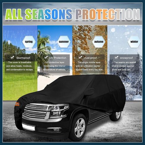 غطاء سيارة SUV لسيارة شيفروليه تاهو 4 أبواب 2007-2024 خارجي مقاوم للماء والشمس والأمطار والرياح والثلج حماية 190T PU مع سحاب باب السائق قطع غيار السيارات السوداء in Kuwait