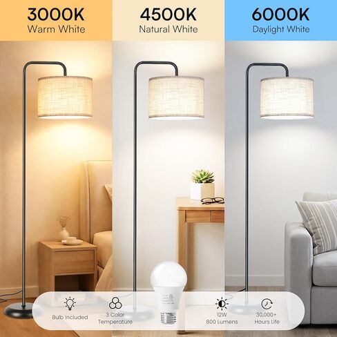 TJOY Floor Lamp for Living Room, Floor Lamp with 12W 3 Color Temperatures Bulb, Metal Standing Lamp with Extended Arm, Modern ARC Standing Lamp for Bedroom, Couch, Reading Nook, Office &Nursery, Black in Kuwait