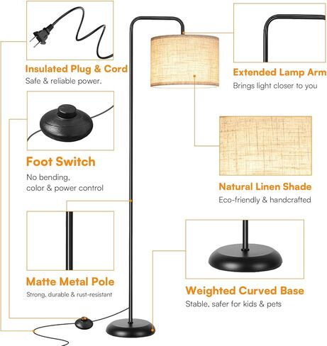 TJOY Floor Lamp for Living Room, Floor Lamp with 12W 3 Color Temperatures Bulb, Metal Standing Lamp with Extended Arm, Modern ARC Standing Lamp for Bedroom, Couch, Reading Nook, Office &Nursery, Black in Kuwait