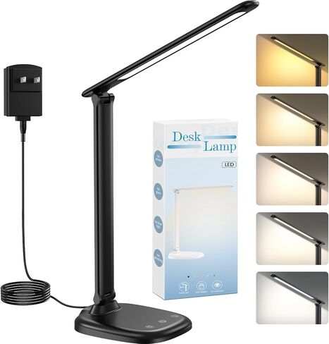 Desk Lamp with Charger, 10%-100% Stepless Dimmable & 5 Color Modes Study Lamp, Touch Control, 30-/60-minute Timer, USB Charging Output Port, CRI≥90, Eye-Caring Foldable LED Desk Lamps for Home Office in Saudi Arabia