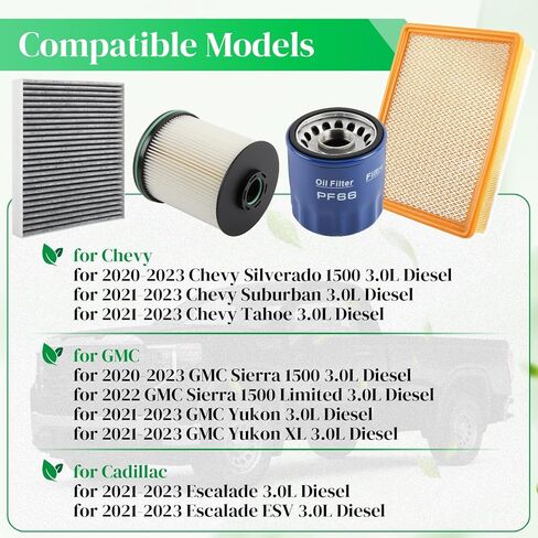 TP1015 Diesel 3.0L Duramax Filter Kit Compatible for 2020-2023 GMC Sierra/Yukon XL for Chevy Silverado 1500/Suburban/Tahoe, Fuel/Oil/Cabin/Air Filter, Replace PF66 13508023 A3244C TP1015 in Kuwait
