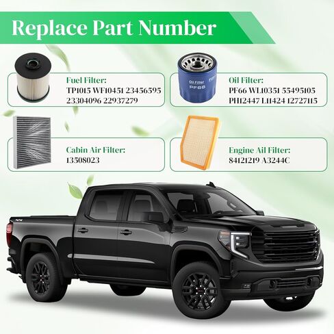 TP1015 Diesel 3.0L Duramax Filter Kit Compatible for 2020-2023 GMC Sierra/Yukon XL for Chevy Silverado 1500/Suburban/Tahoe, Fuel/Oil/Cabin/Air Filter, Replace PF66 13508023 A3244C TP1015 in Kuwait