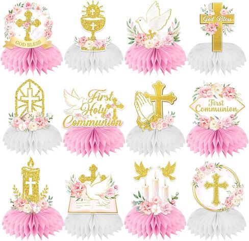 First Communion Decorations Honeycomb Centerppieces, 12Pcs Pink and Gold First Communion Centerpieces for Tables, God Bless Religious Table Centerpices for Girls Baptism Mi Primera Comunion in Kuwait
