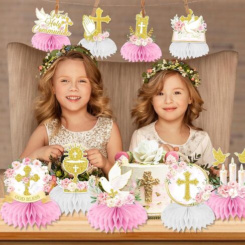 First Communion Decorations Honeycomb Centerppieces, 12Pcs Pink and Gold First Communion Centerpieces for Tables, God Bless Religious Table Centerpices for Girls Baptism Mi Primera Comunion in Kuwait
