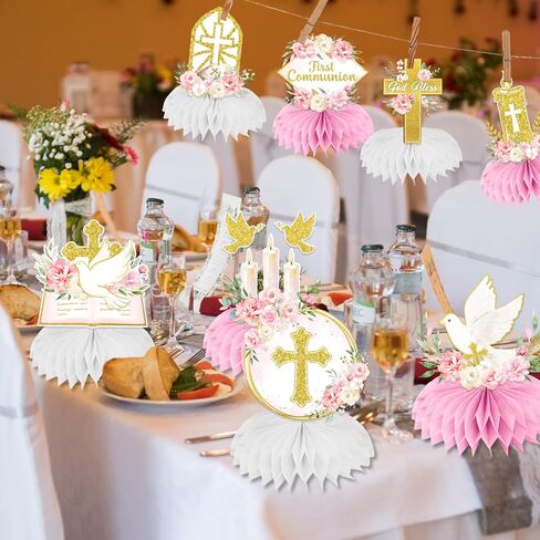 First Communion Decorations Honeycomb Centerppieces, 12Pcs Pink and Gold First Communion Centerpieces for Tables, God Bless Religious Table Centerpices for Girls Baptism Mi Primera Comunion in Kuwait