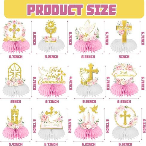 First Communion Decorations Honeycomb Centerppieces, 12Pcs Pink and Gold First Communion Centerpieces for Tables, God Bless Religious Table Centerpices for Girls Baptism Mi Primera Comunion in Kuwait