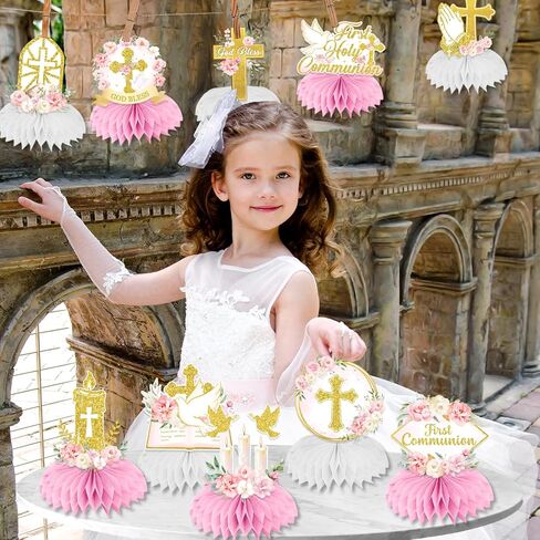 First Communion Decorations Honeycomb Centerppieces, 12Pcs Pink and Gold First Communion Centerpieces for Tables, God Bless Religious Table Centerpices for Girls Baptism Mi Primera Comunion in Kuwait