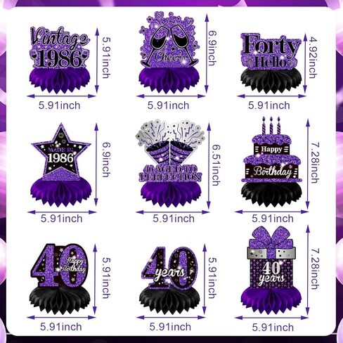 9Pcs Purple 40th Birthday Decorations Purple Black Silver 40th Birthday Honeycomb Centerpieces for Tables Decorations Vintage 1986 Centerpieces Cheers to 40 Years Decor for Women Men Birthday Party in Kuwait