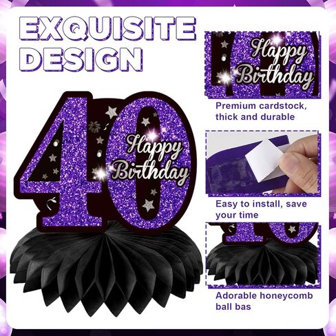 9Pcs Purple 40th Birthday Decorations Purple Black Silver 40th Birthday Honeycomb Centerpieces for Tables Decorations Vintage 1986 Centerpieces Cheers to 40 Years Decor for Women Men Birthday Party in Kuwait