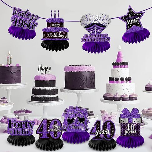 9Pcs Purple 40th Birthday Decorations Purple Black Silver 40th Birthday Honeycomb Centerpieces for Tables Decorations Vintage 1986 Centerpieces Cheers to 40 Years Decor for Women Men Birthday Party in Kuwait