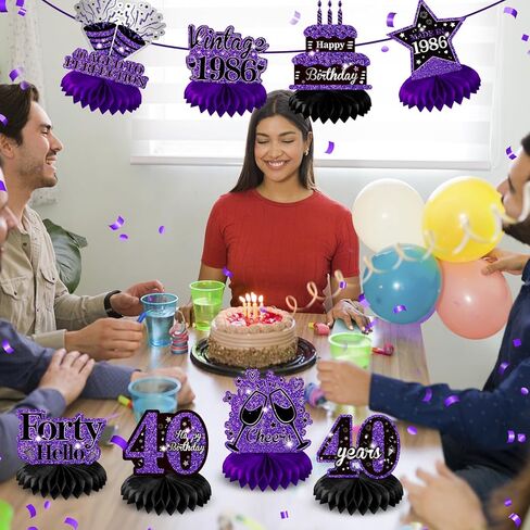 9Pcs Purple 40th Birthday Decorations Purple Black Silver 40th Birthday Honeycomb Centerpieces for Tables Decorations Vintage 1986 Centerpieces Cheers to 40 Years Decor for Women Men Birthday Party in Kuwait