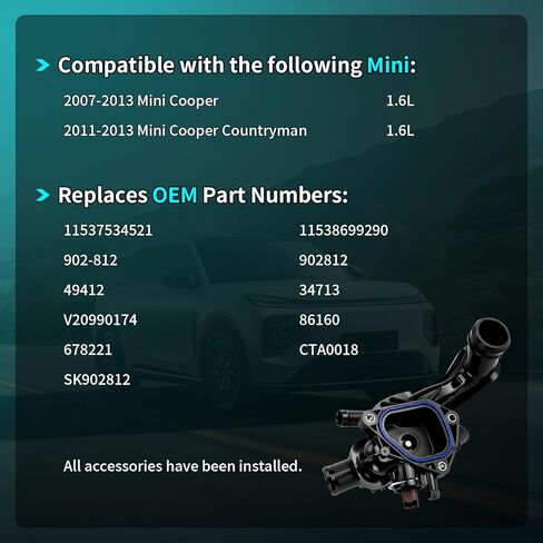 Engine Coolant Thermostat Housing Assembly with Sensors & Gasket, Fits for Mini Cooper 2007 2008 2009 2010 2011 2012 2013, Mini Cooper Countryman 2011-2013 1.6L - Replaces 11537534521, 902-812 in Kuwait