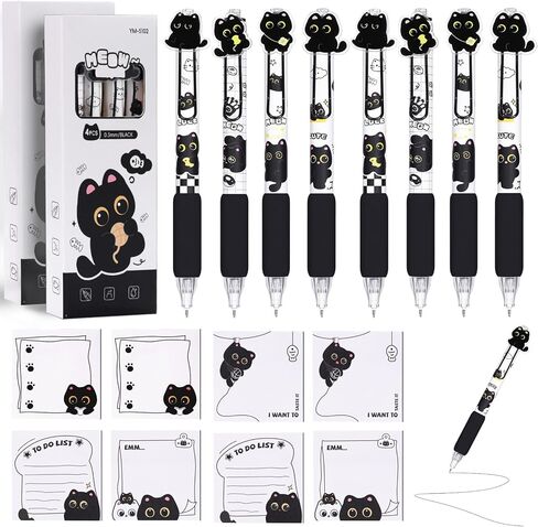 16 Pcs Black Cute Cat Stuff,8 Cat Pens and 8 Pads Sticky Notes,Black Ink Cat Gel Pens for Christmas Birthday Party Back to School Student Gift Women Office School Supplies in Saudi Arabia