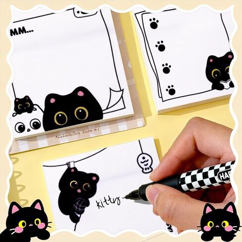 16 Pcs Black Cute Cat Stuff,8 Cat Pens and 8 Pads Sticky Notes,Black Ink Cat Gel Pens for Christmas Birthday Party Back to School Student Gift Women Office School Supplies in Saudi Arabia