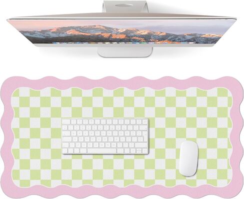 Cute Desk Mat for Keyboard and Mouse, Large Scalloped Desktop Mat, Washable Non-Slip Computer Desk Mouse Pad for Office Home 31.5"x15.7", Green Checkerboard in Saudi Arabia