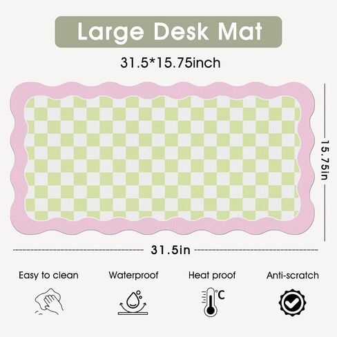 Cute Desk Mat for Keyboard and Mouse, Large Scalloped Desktop Mat, Washable Non-Slip Computer Desk Mouse Pad for Office Home 31.5"x15.7", Green Checkerboard in Saudi Arabia
