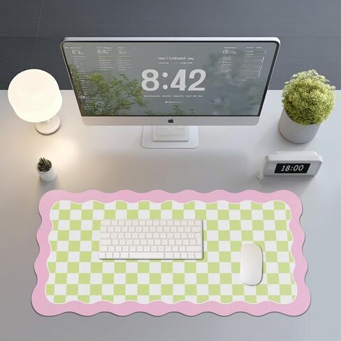 Cute Desk Mat for Keyboard and Mouse, Large Scalloped Desktop Mat, Washable Non-Slip Computer Desk Mouse Pad for Office Home 31.5"x15.7", Green Checkerboard in Saudi Arabia