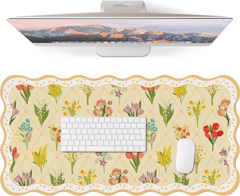 Cute Desk Mat for Keyboard and Mouse, Large Scalloped Desktop Mat, Washable Non-Slip Computer Desk Mouse Pad for Office Home 31.5"x15.7", Green Checkerboard in Saudi Arabia