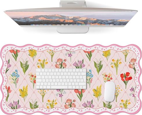 Cute Desk Mat for Keyboard and Mouse, Large Scalloped Desktop Mat, Washable Non-Slip Computer Desk Mouse Pad for Office Home 31.5"x15.7", Green Checkerboard in Saudi Arabia