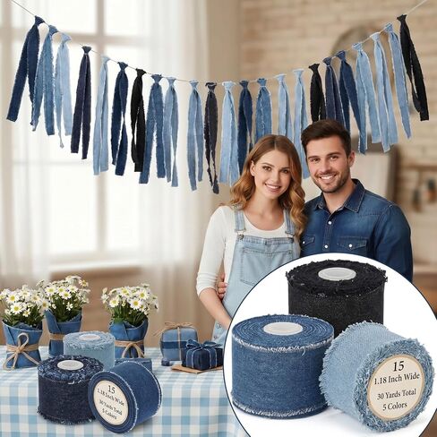 15 Rolls Frayed Denim Ribbon Blue Jean Baby Shower Decorations Denim Party Decorations 1.18 Inch Wide 30 Yards Total for DIY Crafts Wreath Wedding Invitations Gift Wrapping Home Decor in Saudi Arabia