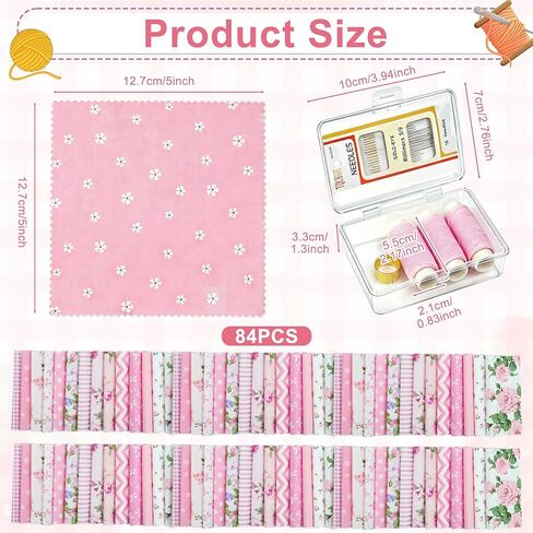84 Pcs Charm Packs for Quilting 5 x 5-Inch Squares Precut Pink Fabric, Floral Cotton Fabric for Sewing DIY Crafts Patchwork with Needle and Thread Box in Saudi Arabia