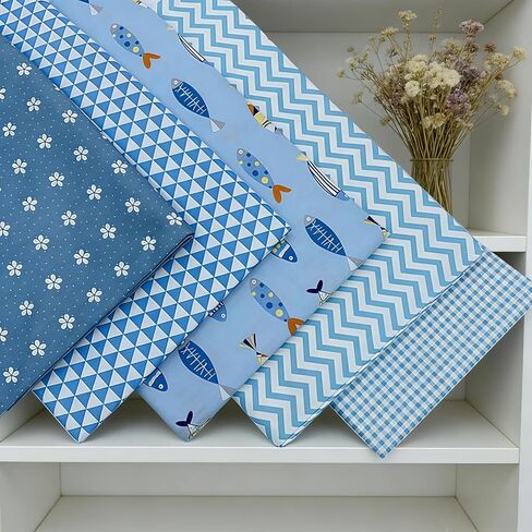 5pcs Assorted Pattern Cotton Fabric Bundles,Precut Quilting Fabric Squares,Printed Craft Fabric for DIY Sewing,Patchwork,Scrapbooking,and Home Decor,Blue,9.84 * 9.84inches in Kuwait
