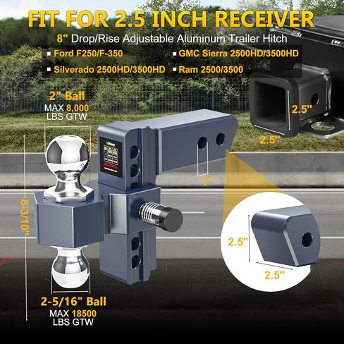 Adjustable Trailer Hitch, Drop Hitch for 2.5 Inch Receiver, 6 inch Aluminum Truck Hitch, 2 and 2-5/16 inch Balls, 18,500 LBS GTW, Tow Hitches with Two Anti-Theft Locks in Saudi Arabia