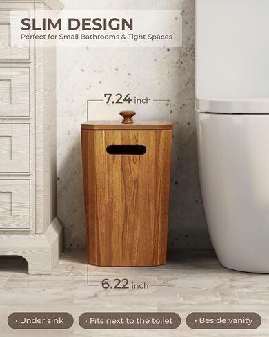 BLUEWEST 2.6 Gallons Acacia Wooden Bathroom Trash Can with Lid & PP Liner – Small Wastebasket with Handle, Decorative Wood Bin for Bedroom, Office or Under Counter Use in Saudi Arabia