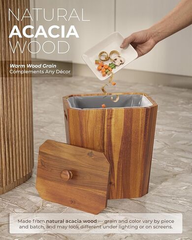 BLUEWEST 2.6 Gallons Acacia Wooden Bathroom Trash Can with Lid & PP Liner – Small Wastebasket with Handle, Decorative Wood Bin for Bedroom, Office or Under Counter Use in Saudi Arabia