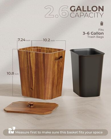 BLUEWEST 2.6 Gallons Acacia Wooden Bathroom Trash Can with Lid & PP Liner – Small Wastebasket with Handle, Decorative Wood Bin for Bedroom, Office or Under Counter Use in Saudi Arabia