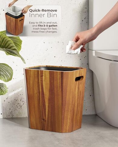 BLUEWEST 2.6 Gallons Acacia Wooden Bathroom Trash Can with Lid & PP Liner – Small Wastebasket with Handle, Decorative Wood Bin for Bedroom, Office or Under Counter Use in Saudi Arabia
