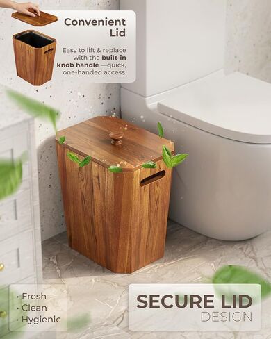 BLUEWEST 2.6 Gallons Acacia Wooden Bathroom Trash Can with Lid & PP Liner – Small Wastebasket with Handle, Decorative Wood Bin for Bedroom, Office or Under Counter Use in Saudi Arabia