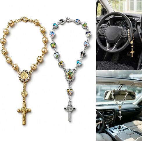 MOTEERLLU 2PCS Car Rosary Steering Wheel Charm with Madonna Medallion, Mini Rosary Cross for Car Mirror Hanging Accessories, Gifts for Women Believers on Catholic Baptism New Car in Saudi Arabia
