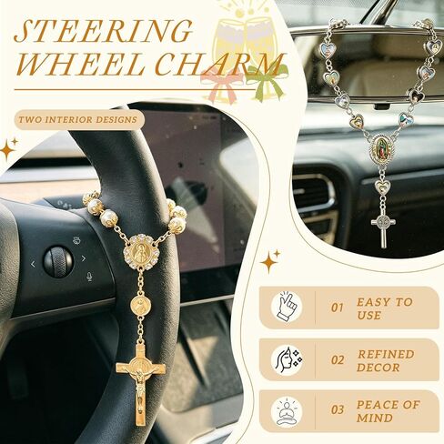 MOTEERLLU 2PCS Car Rosary Steering Wheel Charm with Madonna Medallion, Mini Rosary Cross for Car Mirror Hanging Accessories, Gifts for Women Believers on Catholic Baptism New Car in Saudi Arabia