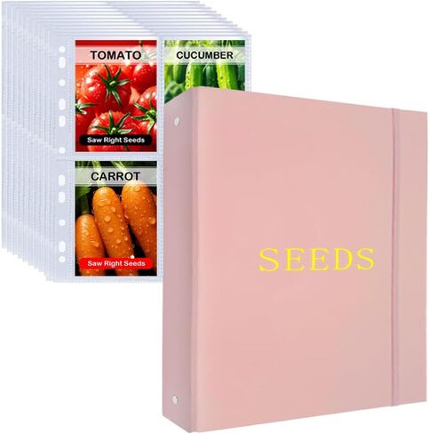 Seed Storage Organizer Binder,3 Ring Seed Packet Organizer with 100 Pockets(25 Pack Clear Sheet Protectors), Garden Seed Holder Book for Envelopes, Seed Saving Keeper, Pink in Saudi Arabia
