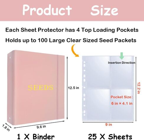 Seed Storage Organizer Binder,3 Ring Seed Packet Organizer with 100 Pockets(25 Pack Clear Sheet Protectors), Garden Seed Holder Book for Envelopes, Seed Saving Keeper, Pink in Saudi Arabia