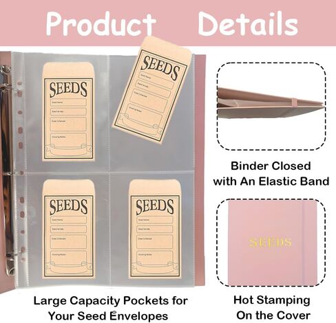 Seed Storage Organizer Binder,3 Ring Seed Packet Organizer with 100 Pockets(25 Pack Clear Sheet Protectors), Garden Seed Holder Book for Envelopes, Seed Saving Keeper, Pink in Saudi Arabia