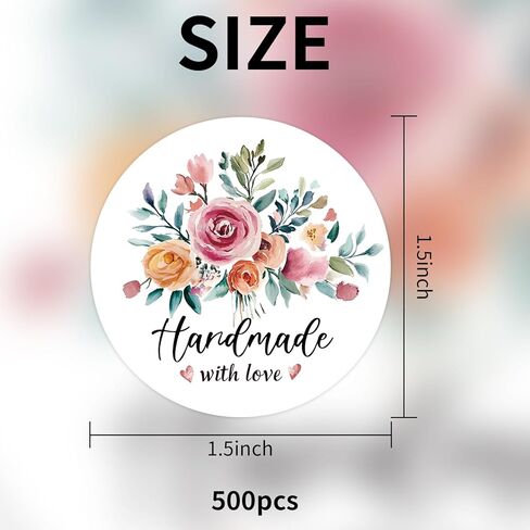 Floral Handmade with Love Stickers Roll, 1.5 inch 500 PCS Flower Homemade with Love Stickers for Handmade Baked Goods, Crafts, Gifts Package, Small Business in Saudi Arabia