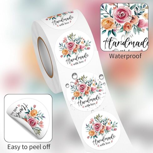 Floral Handmade with Love Stickers Roll, 1.5 inch 500 PCS Flower Homemade with Love Stickers for Handmade Baked Goods, Crafts, Gifts Package, Small Business in Saudi Arabia