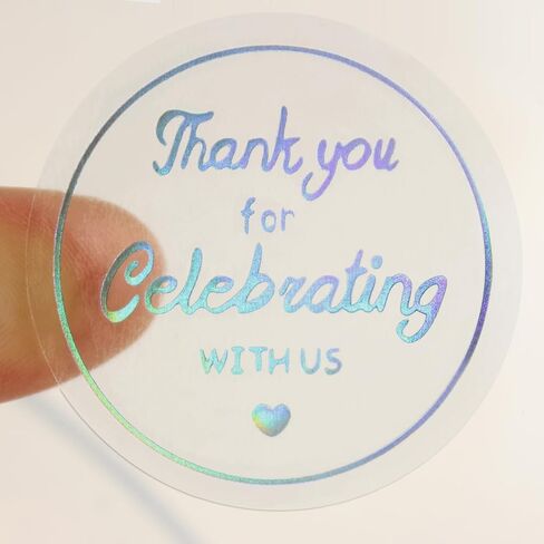 Holographic Clear Thank You for Celebrating with Us Stickers Roll 500 PCS Round Silver Foil Wedding Sticker Glitter Self Adhesive Seal Labels for Envelope,Gifts,Seal Card (1.5 inch) in Kuwait