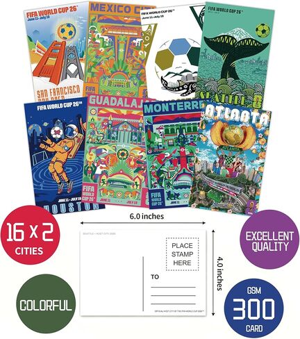 EIHFHIE 2026 World Cup Postcards Pack - World Cup Decorations Merchandise - Host City Iconic Landmarks Postcards - 4 x 6 in, 32 Count, 16 Designs in Saudi Arabia