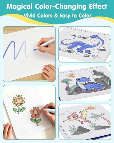 Mess Free Painting Kit for Kids, Dinosaur Magic Paint Brush with 27-Page Coloring Book, 6 Colors Dual Tips No Color Mixing No Stain, Non-Toxic Child-Safe Art Craft Gift for Boys Girls Ages 3+ in Saudi Arabia