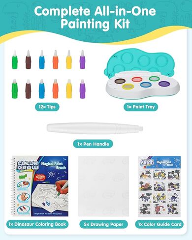 Mess Free Painting Kit for Kids, Dinosaur Magic Paint Brush with 27-Page Coloring Book, 6 Colors Dual Tips No Color Mixing No Stain, Non-Toxic Child-Safe Art Craft Gift for Boys Girls Ages 3+ in Saudi Arabia