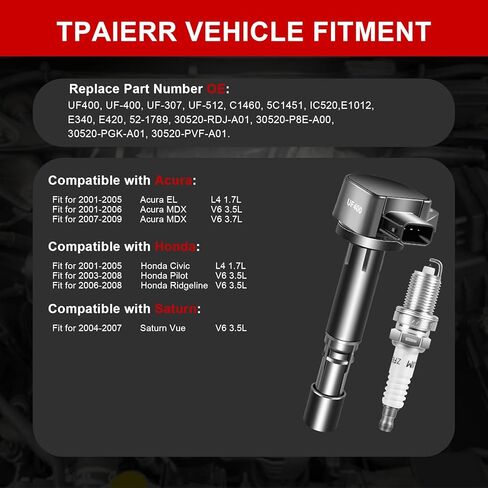 UF400 & 7100 Ignition Coil Pack and Iridium Spark Plugs Set of 4 OEM Automotive Compatible with Honda Civic 2001 2002 2003 2004 2005 Pilot/Acura EL 1.7L L4 MDX 3.5L 3.7L V6 C1460 5C1634 in Saudi Arabia