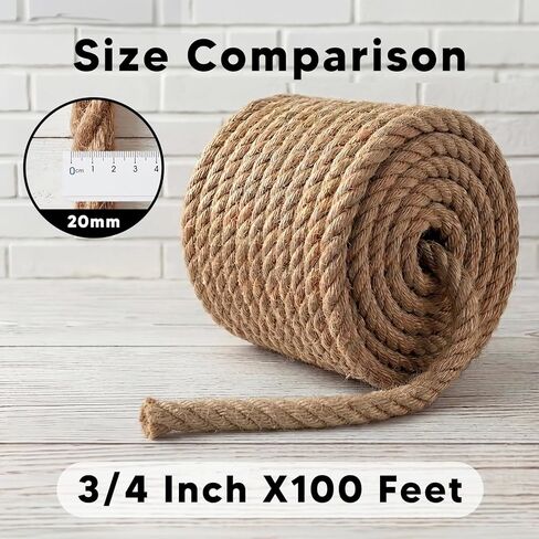 Twisted Sisal Rope 3/4 Inch x 100Ft, Natural Jute Rope for Crafts Heavy Duty Multipurpose for Swing Bed, Camping, Tug of War, Docks, DIY Projects. in Kuwait