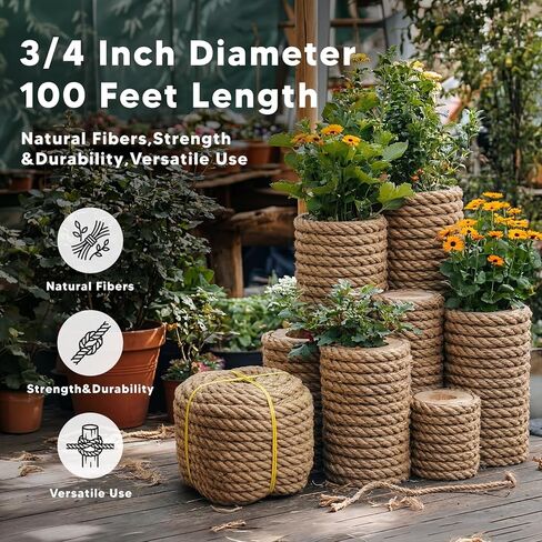 Twisted Sisal Rope 3/4 Inch x 100Ft, Natural Jute Rope for Crafts Heavy Duty Multipurpose for Swing Bed, Camping, Tug of War, Docks, DIY Projects. in Kuwait