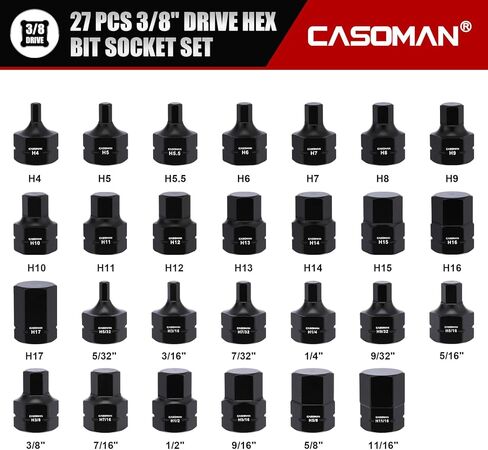 CASOMAN 27-Piece 3/8" Drive Low Profile Impact Hex Bit Socket Set, S2 Steel Allen Bit Socket Set, SAE & Metric, Includes Storage Case in Kuwait