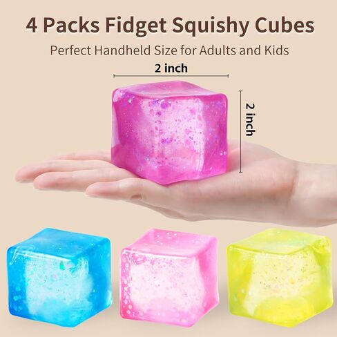 Stress Cube 2" Stress Balls Squishy Fidget Toys for Adults Kids, Squeeze Toys Squishys for Anxiety Stress Relief, Slow Rising Ice Cube Gift for Classroom Prizes Party Favors, 4 Packs in Saudi Arabia